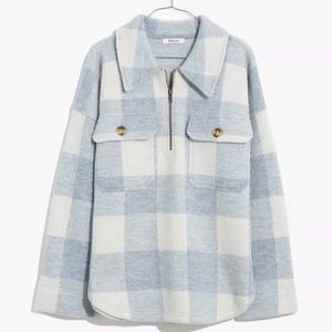 Madewell Boiled Wool Half Zip Pull Over in Blue Plaid. Size M. Perfect for Fall!
